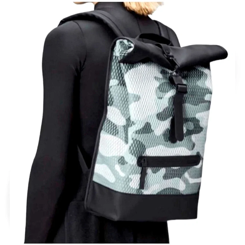 New Rains Black and Gray Unisex camo look Backpack.